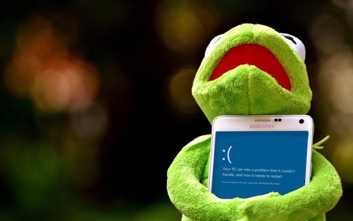 A frog holding a Windows BSOD screen crying