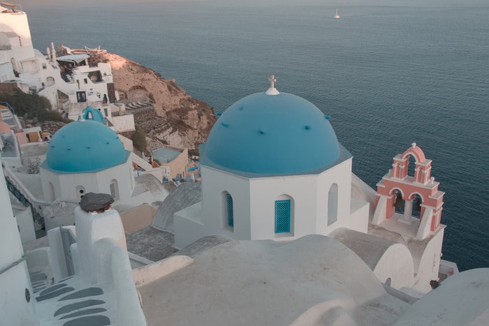 Santorini, beach, sea, water, boats, sunset