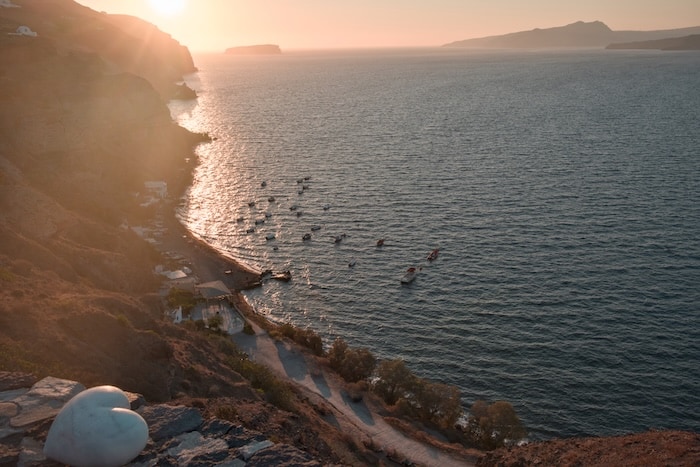 Santorini, beach, sea, water, boats, sunset